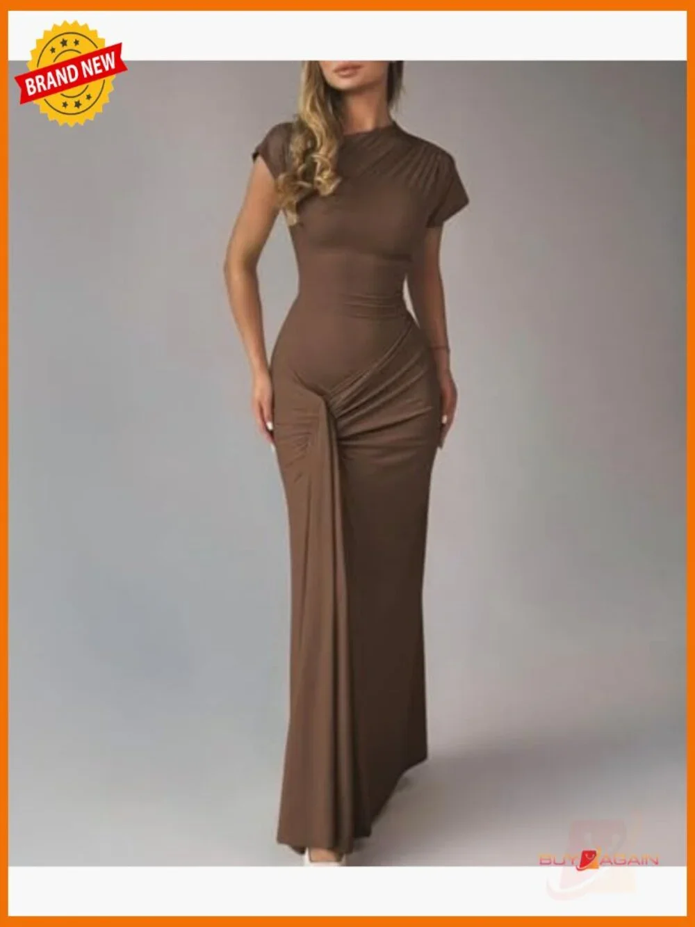 Bodycon Maxi Dress Mock Neck Lace Up Bandage Ruched Short Sleeve Cocktail Dress - Picture 3 of 7